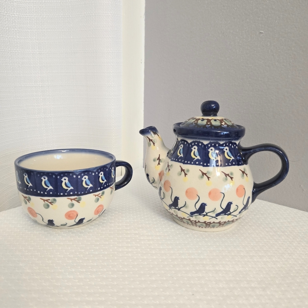 Polish Boleswalic Pottery Tea For One Teapot Cup Bluebird UNIKAT Renditions